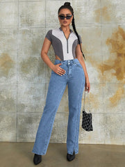 Y2K 2023 Women Fashion Slit Hem Straight Leg Jeans Vintage High Waist Simple Denim