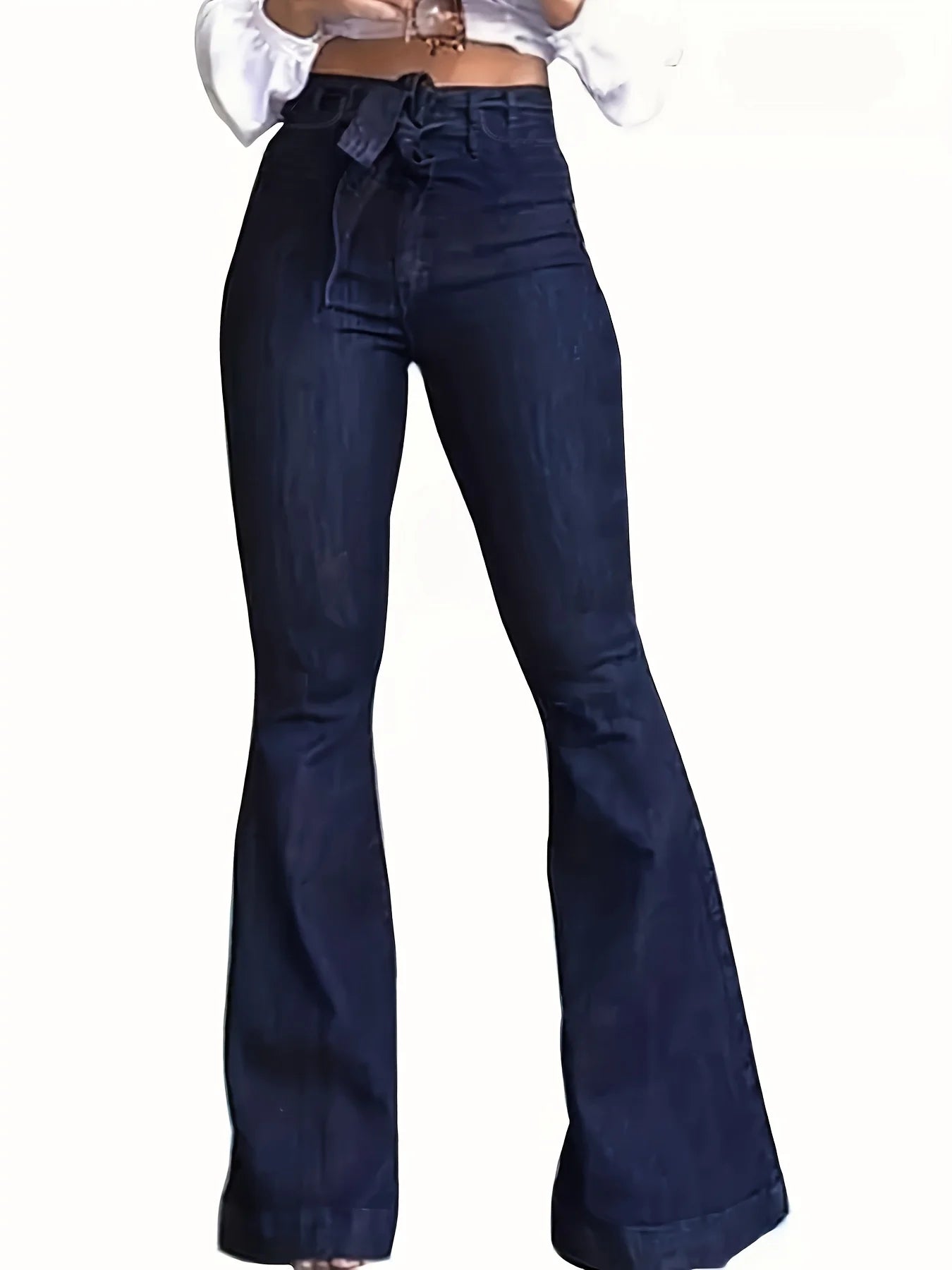 Navy Blue Flared Jeans Autumn, High-Stretch With Waistband Bell Bottom Wide Legs