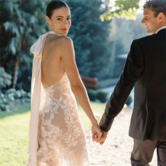 White Bridesmaid Dresses: Elegant Halter Neck Beaded Lace Backless Mermaid