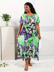 Plus Size Casual Loungewear Dress, Women's Plus Tie Dye Butterfly Print Short Sleeve