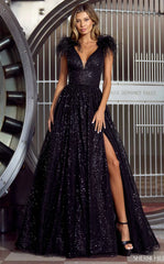 Homecoming Dresses: A-line Prom Dress Shiny Black Evening Dress Feather On Shoulder