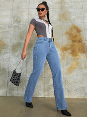 Y2K 2023 Women Fashion Slit Hem Straight Leg Jeans Vintage High Waist Simple Denim