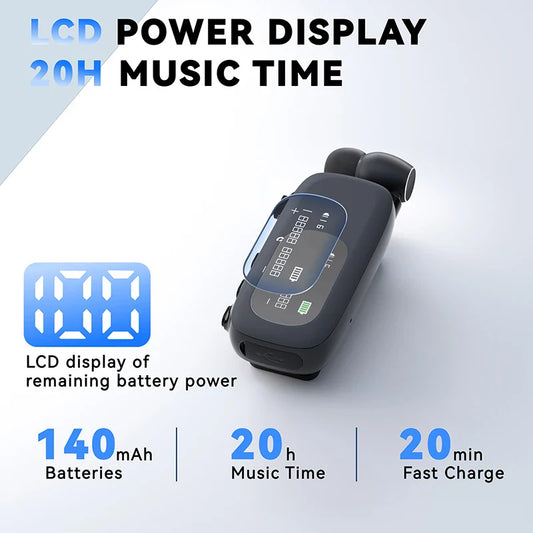 K75 Lavalier Business Bluetooth 5.4 Headphone Talk Time 20 Hours,LED Display,Voice broadcast Wireless Earphones For Work Driving
