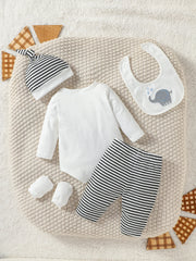 4Pcs Baby Boys Spring/Autumn Long Sleeve Cartoon Elephant Boysuit+ Stripe Trouser For Outfits Chlothing+Hat+Bib+Gloves