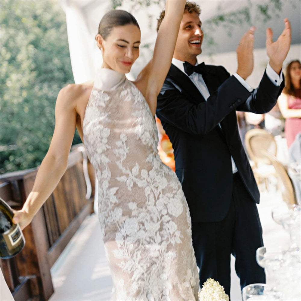 White Bridesmaid Dresses: Elegant Halter Neck Beaded Lace Backless Mermaid