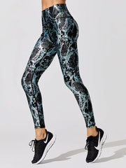 Women's Retro Metallic Snake Gym Leggings Blue Silver Shiny Legging Fitness Bottom