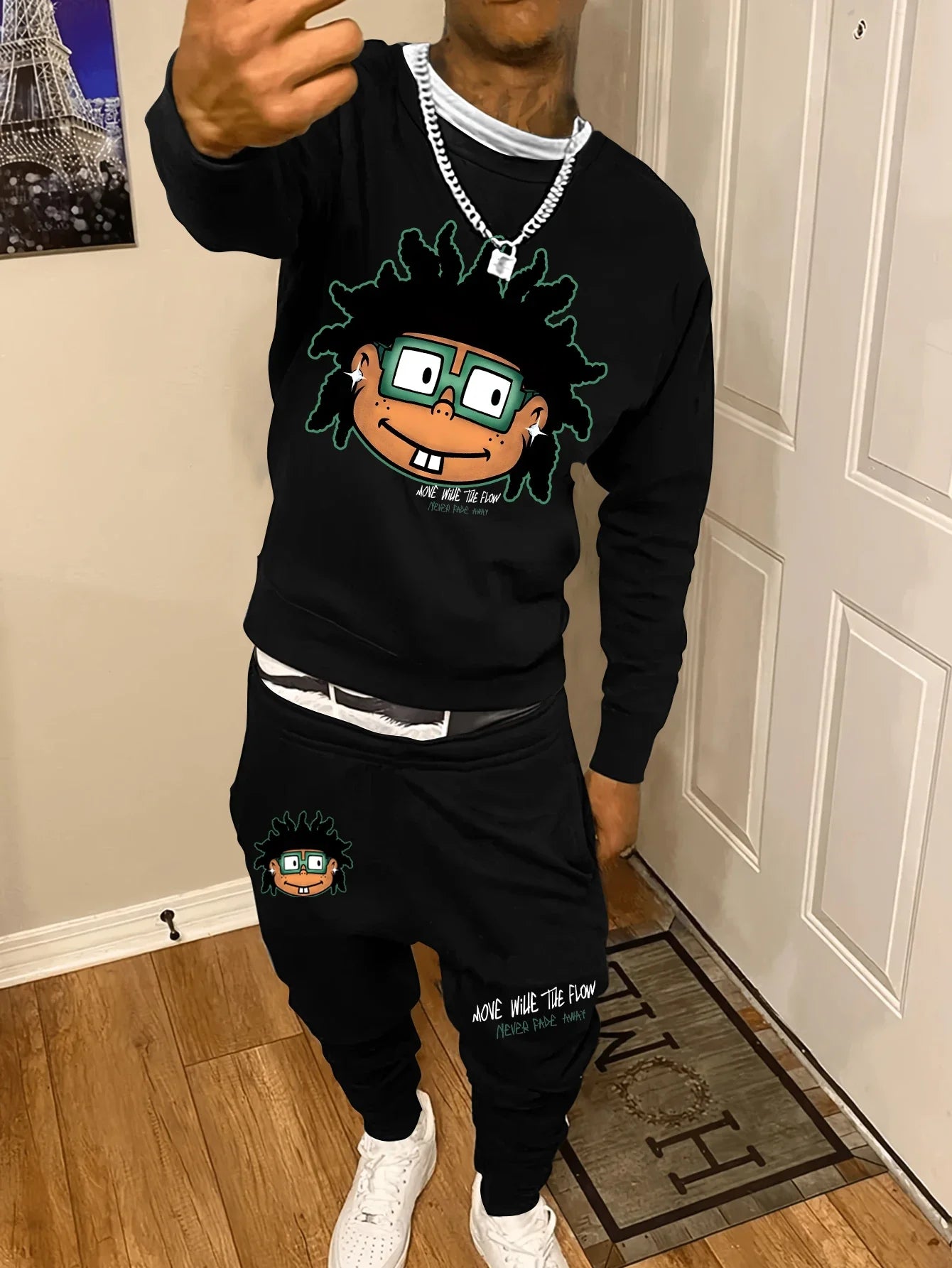 Autumn and Winter Trendy New Sweatshirt Men's Loose Casual Fit With Cute Letter Printed Hundred Long Sleeve Sweatshirt Set