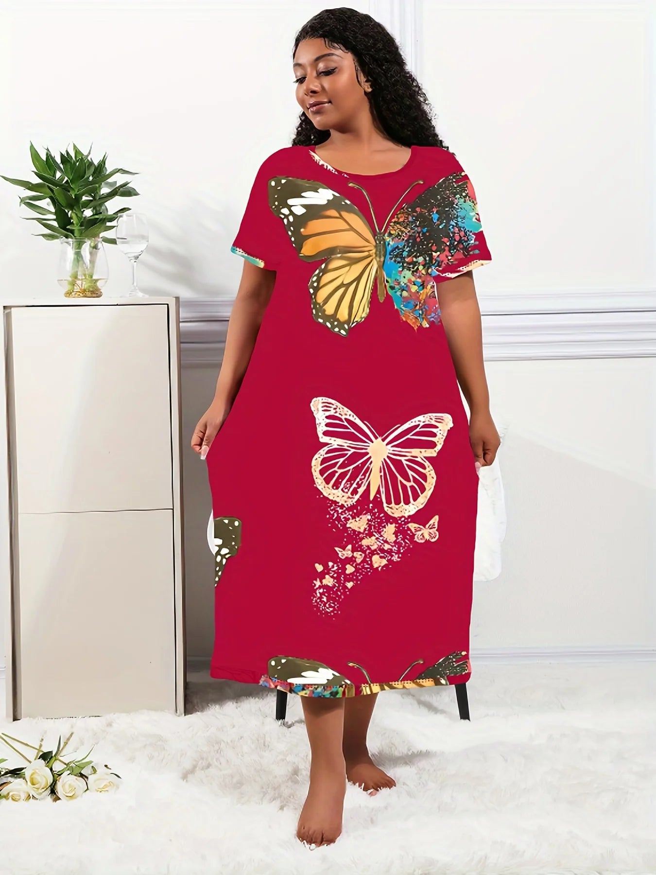 Women's Casual Lounge Dress, Plus Size, Butterfly Print, Short Sleeve, Round Neck, Breathe Girl Tee Nightdress