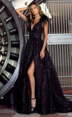 Homecoming Dresses: A-line Prom Dress Shiny Black Evening Dress Feather On Shoulder