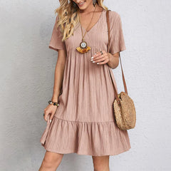 Solid V Neck A-Line Casual Loose Short Sleeve Mini Beach Dress Vintage Harajuku Fashion Woman Clothes