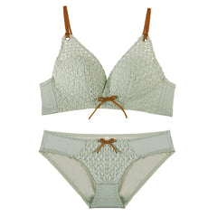Deep V Linen Cotton Embroidery Wire Free Push Up Bra Set Panties Bow Padded