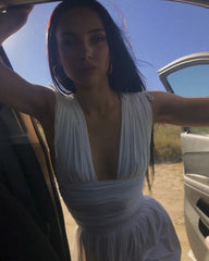 Evening Dresses: Cryptographic White Elegant Pleated Plunge Deep V-Neck