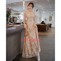 Homecoming Dresses: Evening Dress Banquet Elegant Gold Half Sleeved Party Prom Gown