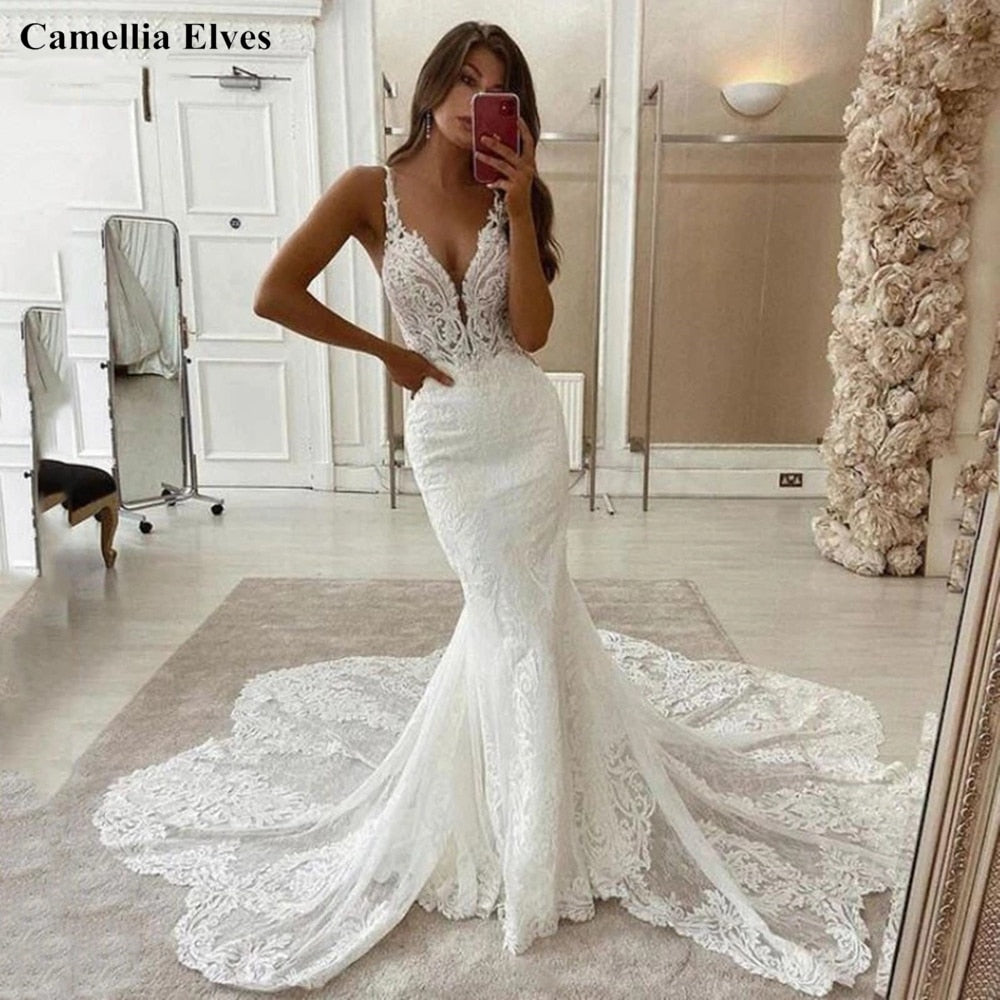 White Bridesmaid Dresses: Lace Mermaid Wedding Dresses Spaghetti Strap Bride Dress
