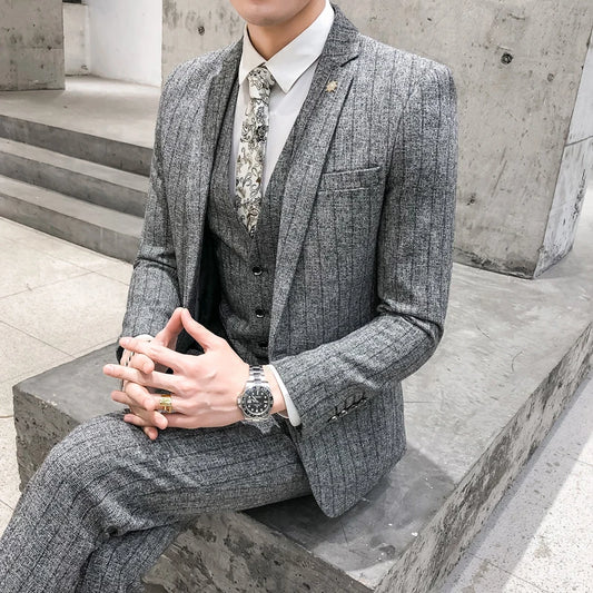 men's suit 3-Pieces Blazers+Pant Fashion Korean Slim Fit Casual men's tuxedo