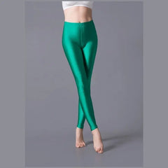 Women Shiny Pants Leggings Solid Color Fluorescent Spandex