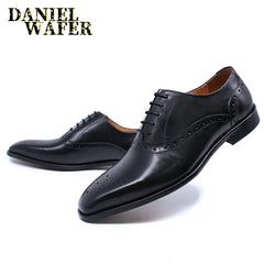 Luxury Mens Oxford Genuine Leather Shoes Black Brown Classic Shoes Brogue Lace Up