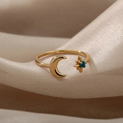 Zircon Moon Star Rings For Women Stainless Steel Glowing Moon Star Adjustable Finger