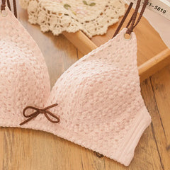 Deep V Linen Cotton Embroidery Wire Free Push Up Bra Set Panties Bow Padded