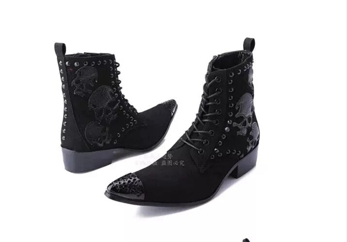 Designer Men Genuine Leather Military Ankle Boots Fashion Skull Pattern Metal Head Boots