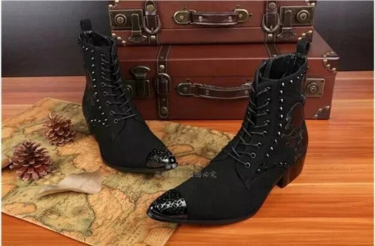 Designer Men Genuine Leather Military Ankle Boots Fashion Skull Pattern Metal Head Boots