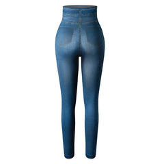 Push Up Seamless High Waist Faux Denim Leggings Women Casual Elastic Pocket Jeans