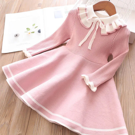 Children warm Sweater dress for girls infant casual pure color Pleated princess