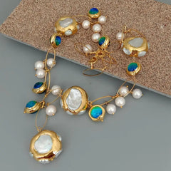 Blue Murano Glass Freshwater Cultured White Keshi Pearl Gold Filled Chain