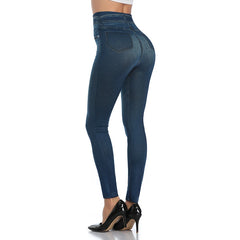 Push Up Seamless High Waist Faux Denim Leggings Women Casual Elastic Pocket Jeans