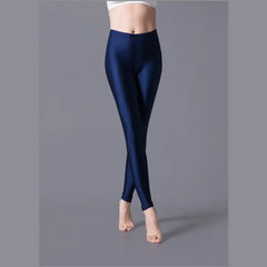 Women Shiny Pants Leggings Solid Color Fluorescent Spandex