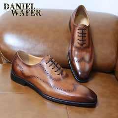 Men Oxford Brogue Genuine Leather Shoes Black Brown Classic Style Wing Tip Lace up