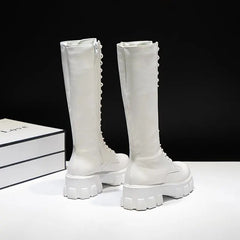LazySeal Winter Long Boot Shoes Women White Lace Up Zip Height Increasing