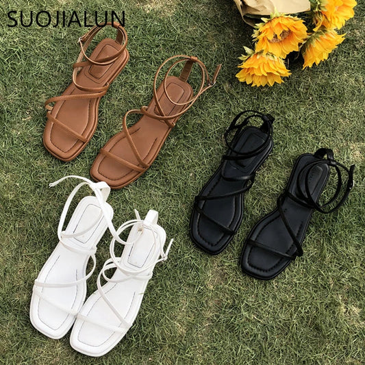 Fashion Women Sandals Flat Heel Narrow Band Back Strap Summer Gladiator Shoes