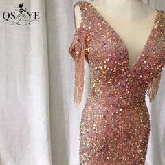 Evening wear Dresses: Beading Side Sleeves Gold Sequin Prom Gown
