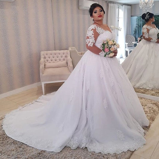 White Bridesmaid Dresses: Lace Wedding Dress Plus Size Illusion Long Sleeve Pearls