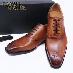Luxury Mens Oxford Genuine Leather Shoes Black Brown Classic Shoes Brogue Lace Up