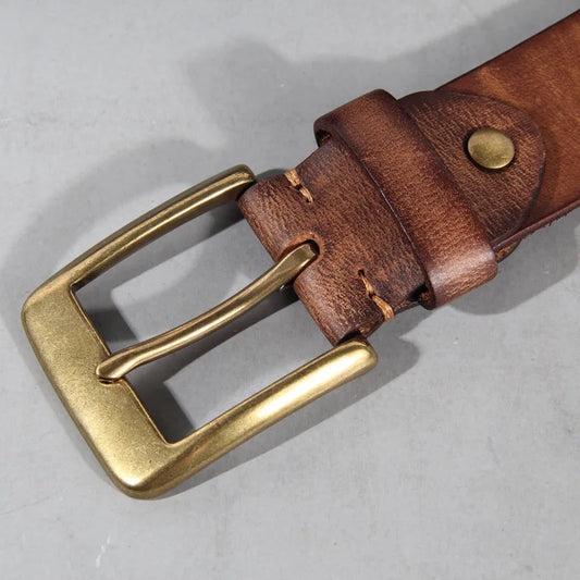Vintage Luxury Handmade Leather Copper Buckle Man's Belt Cinturon Gotico Cowhide Retro All-match Casual Jeans Soft Belt ABC