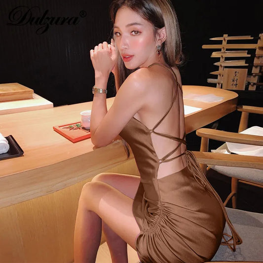 Dulzura Satin Women Strap Mini Dress Ruched Lace Up Cross Bandage Backless