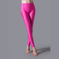Women Shiny Pants Leggings Solid Color Fluorescent Spandex