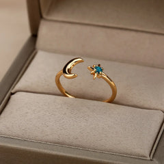 Zircon Moon Star Rings For Women Stainless Steel Glowing Moon Star Adjustable Finger