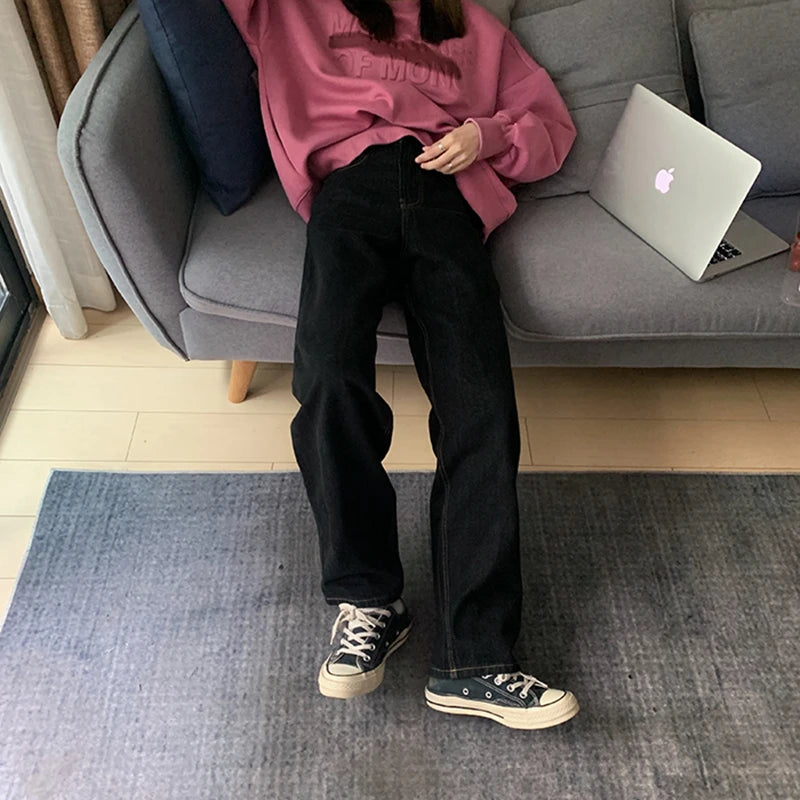 Vintage High Waist Women Black Jeans Korean Fashion Streetwear Wide Leg Jean