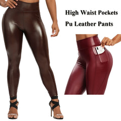 Winter Black Leather Leggings Women Skinny Push Up High Waist Legging Pockets