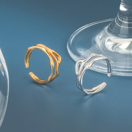 Silver Color Irregular Hollow Double Line Geometric Ring Female Simple Unique Design