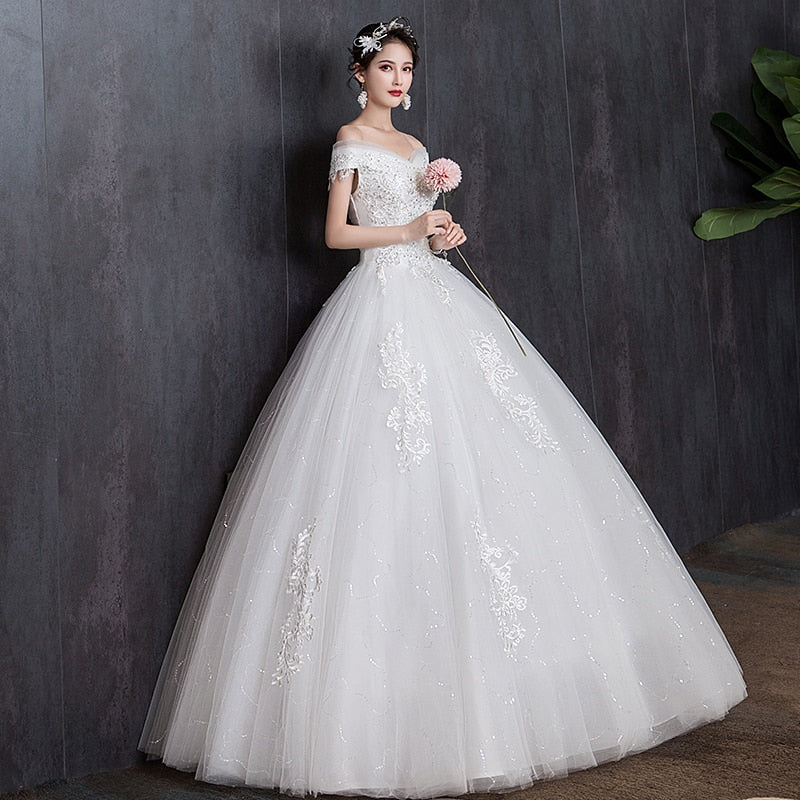 White Bridesmaid Dresses: Off The Shoulder Wedding Dress light Appliques Pearls