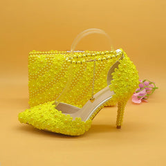 Matching Shoes and Bags: Yellow Flower Wedding Shoes With Matching Bags High Heels