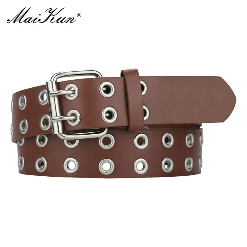 MaiKun Women Punk Goth Belts Brand Leather Women Grunge Belt Halloween Double Pin Buckle Female Belt for Jeans Streetwear