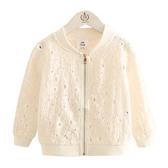 Long Sleeve Sunscreen White Flower Hollow Out Kids Baby Girl Baseball Jacket