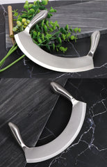 8.5 Inch Stainless Steel Mezzaluna Knife Pizza Cutter Fruit Vegetable Salad Chopper