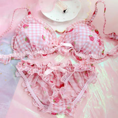 Women's Cute Strawberry Print Bra & Panties Lingerie Set Japanese Girl Bras