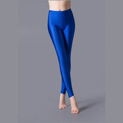 Women Shiny Pants Leggings Solid Color Fluorescent Spandex